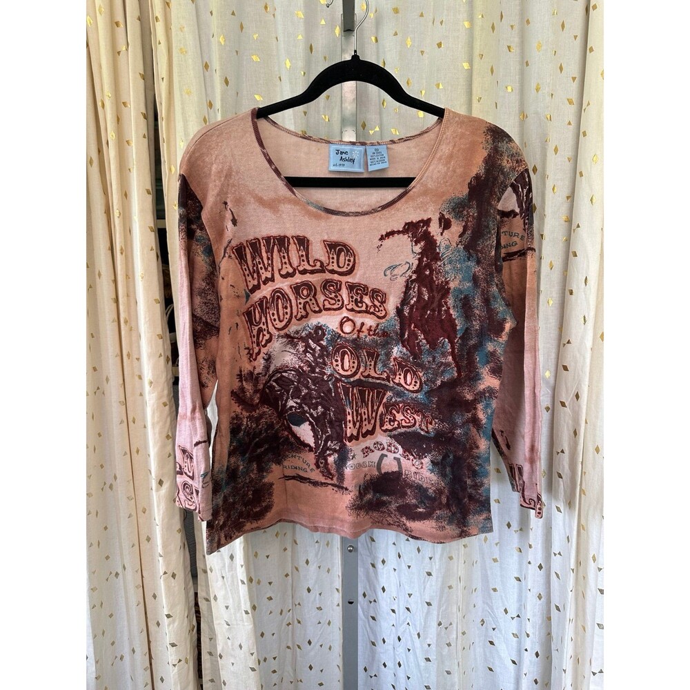 Jane Ashley 100% Cotton Beaded Wild Horses Of The Old West Rodeo Casual Top M